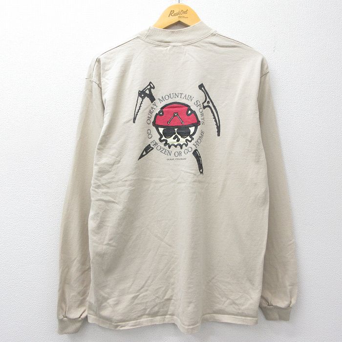 L★古着 長袖 ビンテージ Tシャツ メンズ 00年代 00s スカル OURAY コットン モックネック ハイネック ベージュ 25nov26