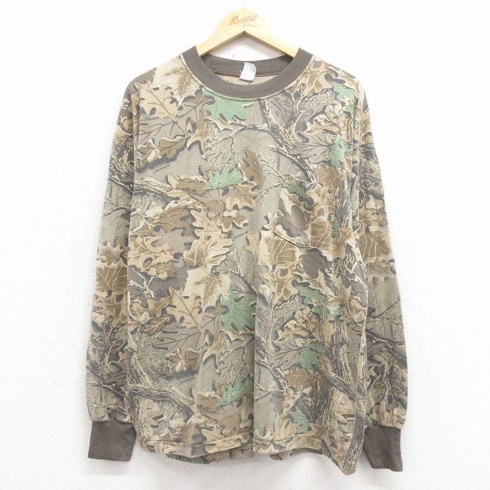 XL★古着 長袖 ビンテージ Tシャツ メンズ 90年代 90s 木葉 胸ポケット付き クルーネック USA製 茶 迷彩 25dec08