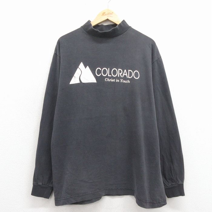 XL★古着 長袖 ビンテージ Tシャツ メンズ 90年代 90s コロラド コットン モックネック ハイネック コットン USA製 黒 25dec17