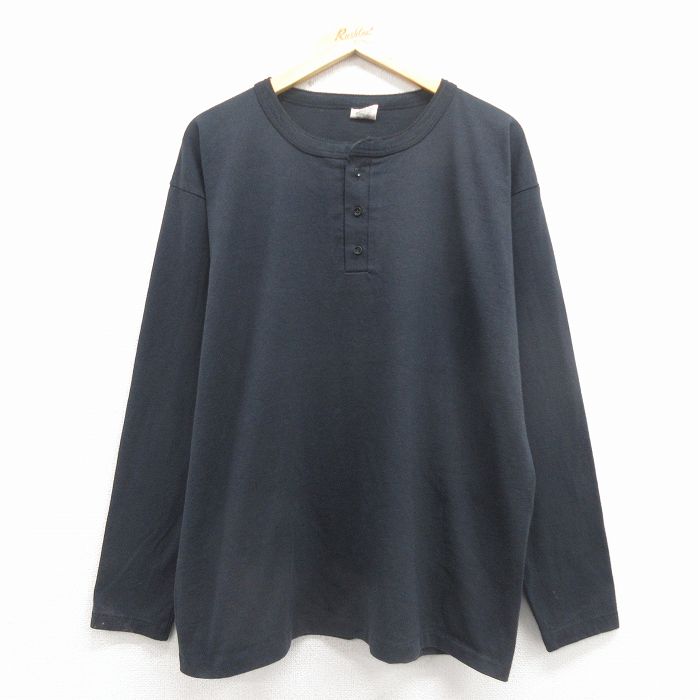 XL★古着 長袖 ビンテージ Tシャツ メンズ 80年代 80s 無地 大きいサイズ ヘンリーネック USA製 黒【spe】 25dec17