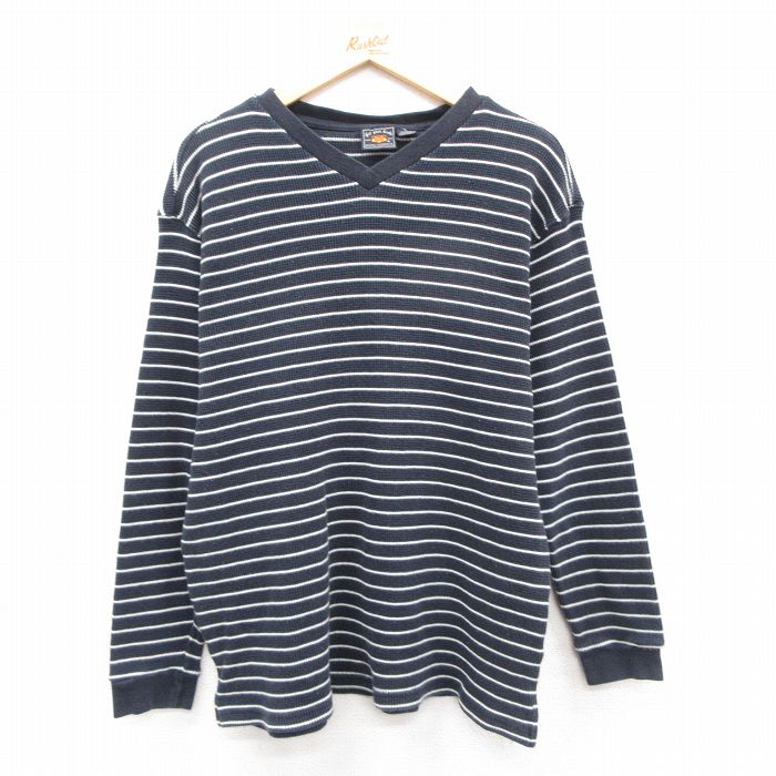 L★古着 ルート66 長袖 ビンテージ サーマル Tシャツ メンズ 00年代 00s コットン Vネック 紺他 ボーダー 25dec17