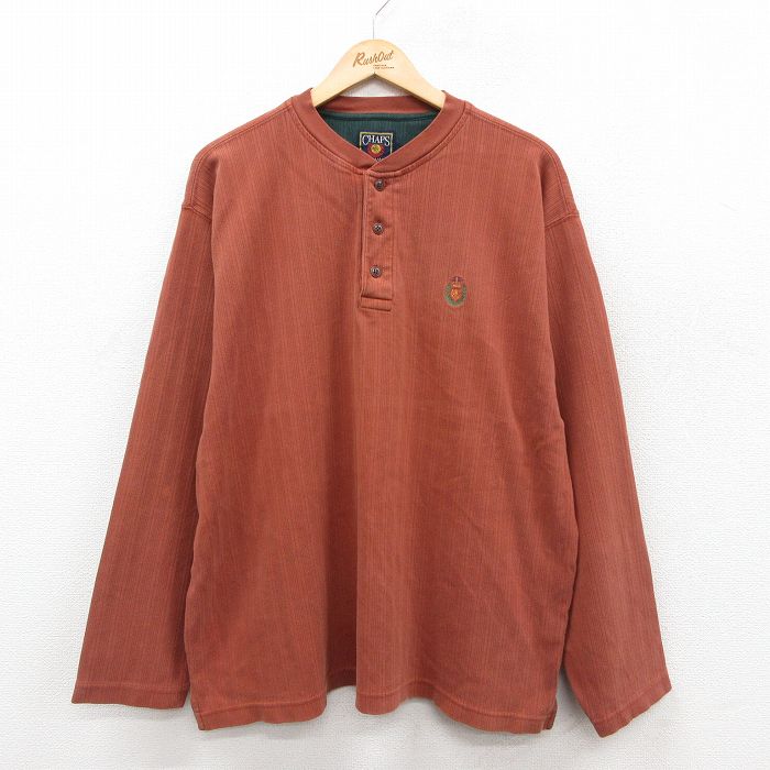 XL★古着 ラルフローレン チャップス 長袖 ビンテージ ブランド Tシャツ メンズ 90年代 90s ワンポイントロゴ 大きいサイズ コットン ヘンリーネック 茶系 25dec17