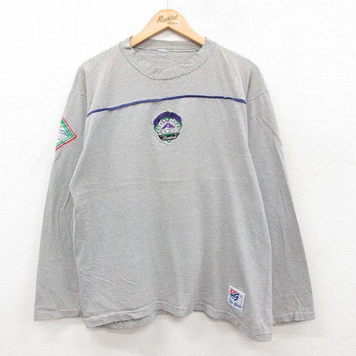L★古着 長袖 ビンテージ Tシャツ メンズ 90年代 90s MLB コロラドロッキーズ 刺繍 クルーネック グレー他 ボーダー メジャーリーグ ベースボール 野球 25dec17