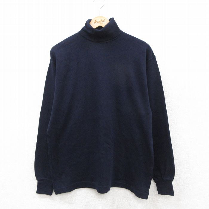 XL★古着 バンヒューセン 長袖 ビンテージ Tシャツ メンズ 90年代 90s 無地 コットン タートルネック ハイネック 紺 25dec18
