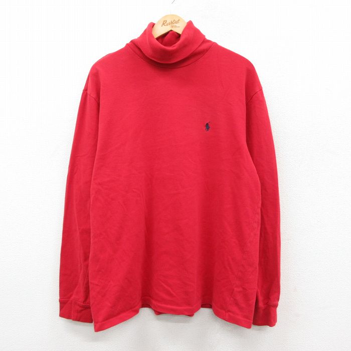 XL★古着 ラルフローレン 長袖 ブランド Tシャツ メンズ 90年代 90s ワンポイントロゴ 大きいサイズ コットン タートルネック ハイネック 赤 25dec18