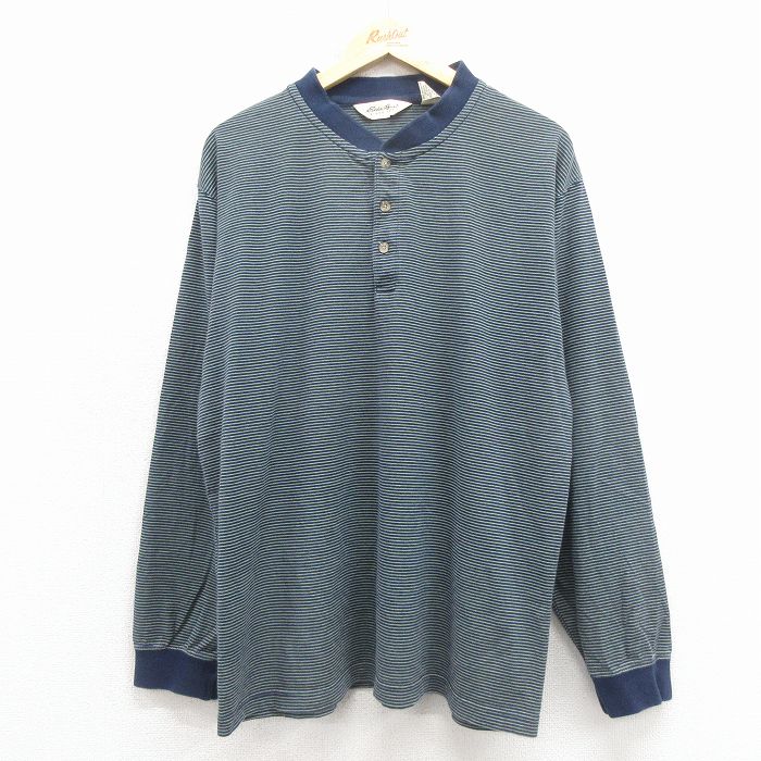 XL★古着 エディーバウアー 長袖 ビンテージ Tシャツ メンズ 00年代 00s 無地 大きいサイズ ヘンリーネック 紺他 ボーダー【spe】 26jan22