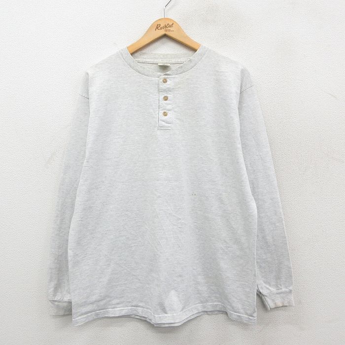 XL★古着 長袖 ビンテージ Tシャツ メンズ 00年代 00s 無地 コットン ヘンリーネック 薄グレー 霜降り 26jan26