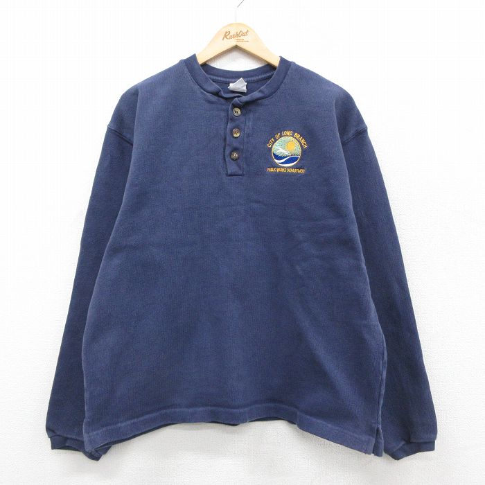 XL★古着 キャンバー 長袖 Tシャツ メンズ CITY OF 大きいサイズ コットン ヘンリーネック USA製 紺 26jan26