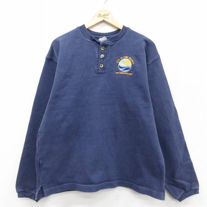 XL★古着 キャンバー 長袖 Tシャツ メンズ CITY OF 大きいサイズ コットン ヘンリーネック 紺 26jan26