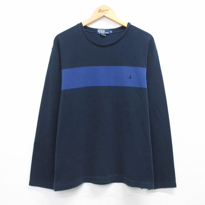 XL★古着 ラルフローレン 長袖 ブランド Tシャツ メンズ 90年代 90s ワンポイントロゴ 大きいサイズ コットン クルーネック 濃紺他 26jan27