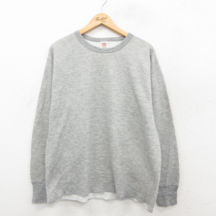 XL★古着 長袖 ビンテージ サーマル Tシャツ メンズ 90年代 90s 無地 クルーネック USA製 グレー 霜降り 26feb06