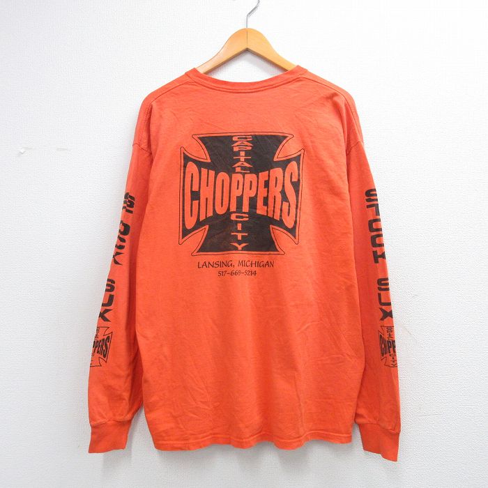 XL★古着 長袖 ビンテージ Tシャツ メンズ 90年代 90s チョッパーズ 大きいサイズ コットン クルーネック USA製 オレンジ【spe】 26feb20