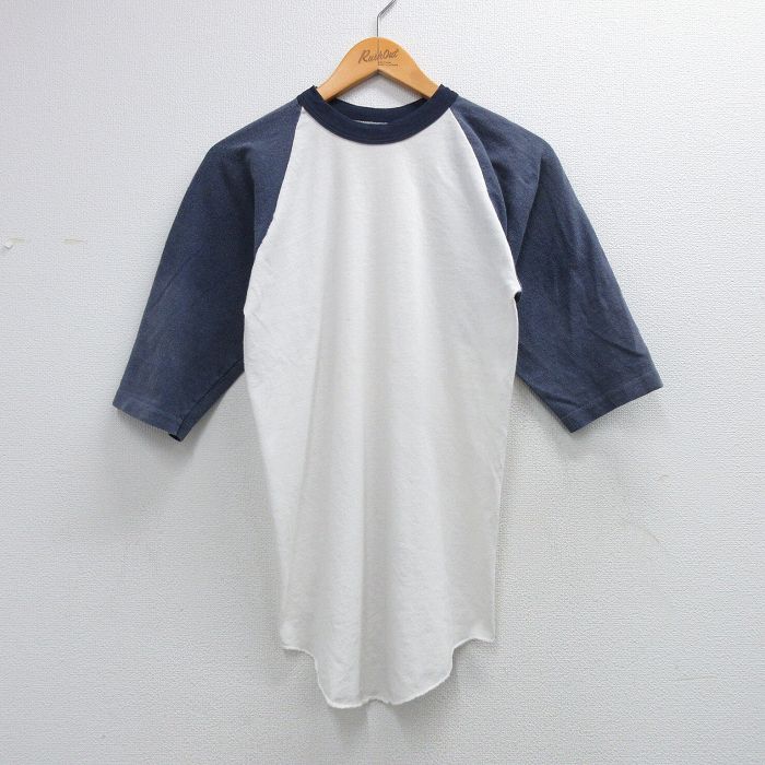 M★古着 ラッセル 7分袖 ビンテージ Tシャツ メンズ 70年代 70s 無地 ツートンカラー ラグラン クルーネック 白他【spe】 26feb20