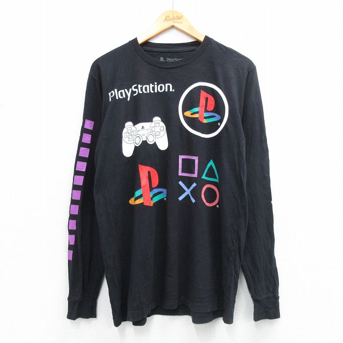 L★古着 長袖 Tシャツ メンズ プレイステーション コットン クルーネック 黒 26feb20