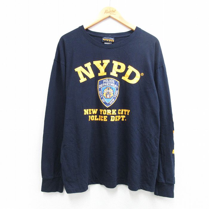 XL★古着 長袖 Tシャツ メンズ NYPD 大きいサイズ コットン クルーネック 紺 26feb28