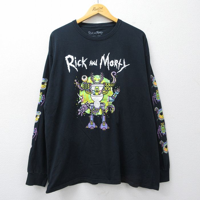 XL★古着 長袖 Tシャツ メンズ アニメ リックアンドモーティ 大きいサイズ コットン クルーネック 黒 26mar02