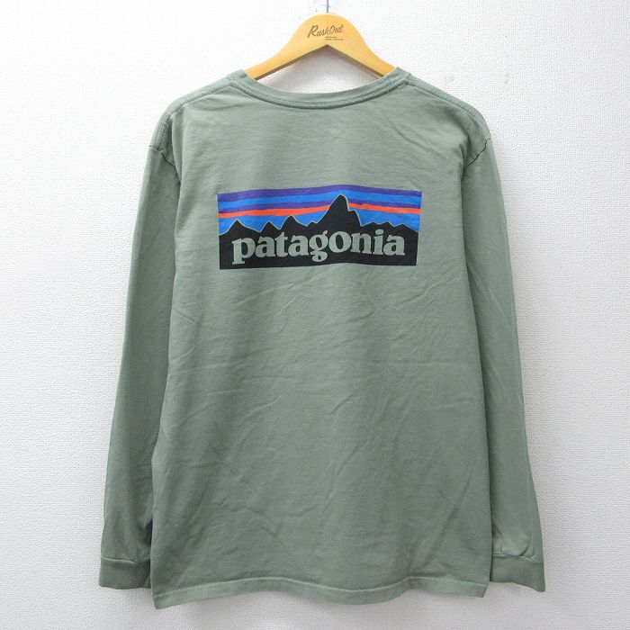 XL★古着 パタゴニア patagonia 長袖 Tシャツ メンズ ビッグロゴ コットン クルーネック 緑系 26mar02