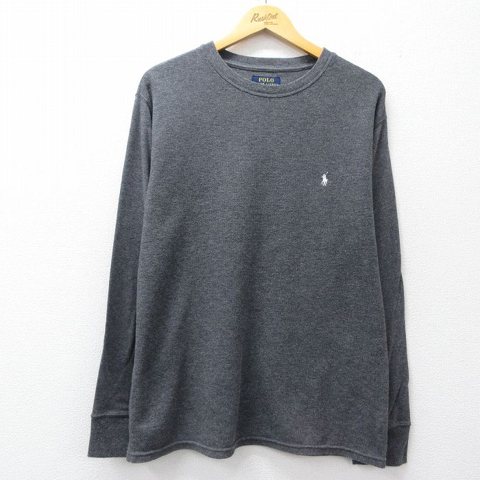 XL★古着 ラルフローレン 長袖 ブランド サーマル Tシャツ メンズ ワンポイントロゴ クルーネック 濃グレー 26mar04