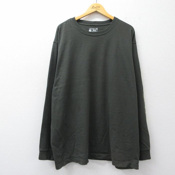 XL★古着 カーハート 長袖 Tシャツ メンズ ビッグロゴ 大きいサイズ ロング丈 コットン クルーネック 濃緑系 26mar04