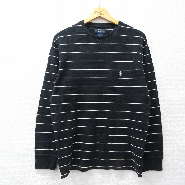L★古着 ラルフローレン 長袖 ブランド サーマル Tシャツ メンズ ワンポイントロゴ コットン クルーネック 黒他 ボーダー 26mar04