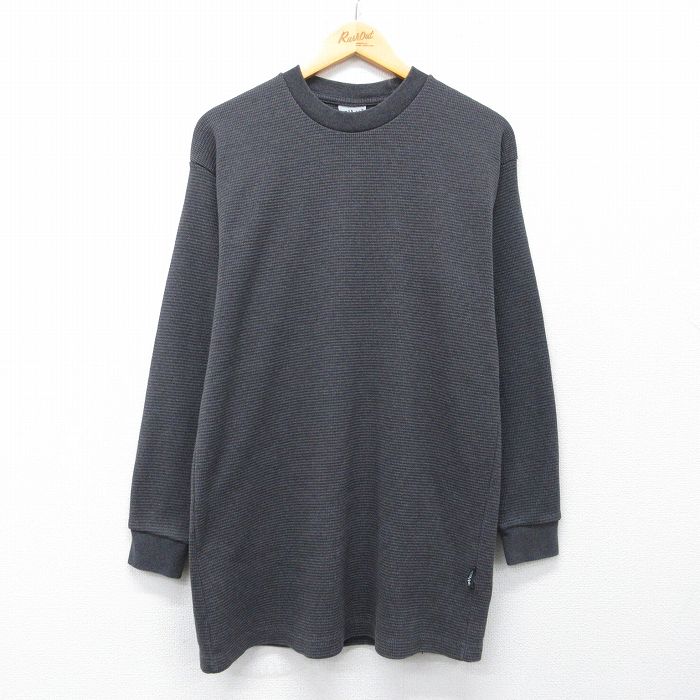 L★古着 長袖 サーマル Tシャツ メンズ 無地 ロング丈 クルーネック 濃グレー 26mar04