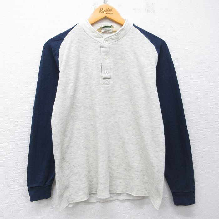 M★古着 セントジョンズベイ 長袖 ビンテージ Tシャツ メンズ 80年代 80s 無地 ラグラン ヘンリーネック USA製 薄グレー 霜降り他【spe】 26mar04