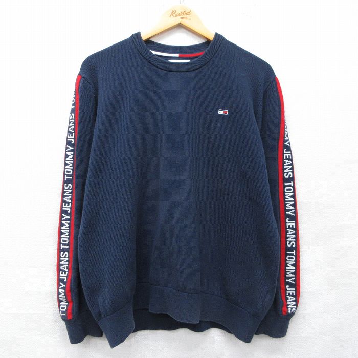 XL★古着 トミーヒルフィガー トミージーンズ 長袖 ブランド Tシャツ メンズ ビッグロゴ 大きいサイズ コットン クルーネック 紺他 26mar04