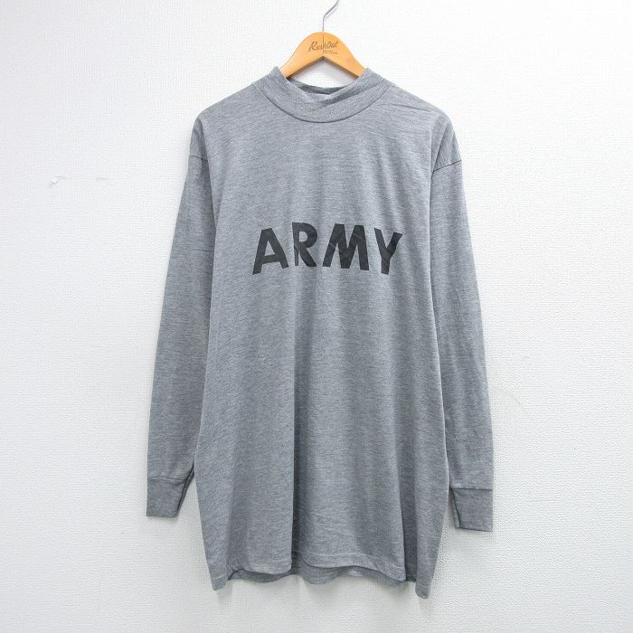 XL★古着 長袖 ビンテージ Tシャツ メンズ 90年代 90s ミリタリー アーミー ARMY リフレクター ロング丈 モックネック ハイネック USA製 グレー 霜降り 26mar12