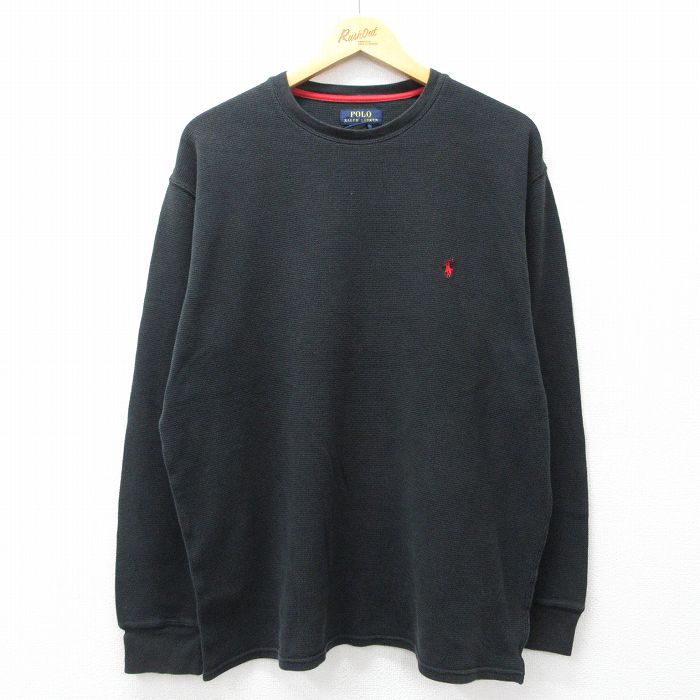 XL★古着 ラルフローレン 長袖 ブランド サーマル Tシャツ メンズ ワンポイントロゴ 大きいサイズ コットン クルーネック 黒 26mar13