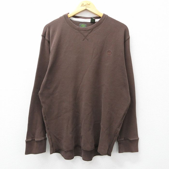 XL★古着 ティンバーランド 長袖 サーマル Tシャツ メンズ ワンポイントロゴ 大きいサイズ コットン クルーネック 茶 26mar13