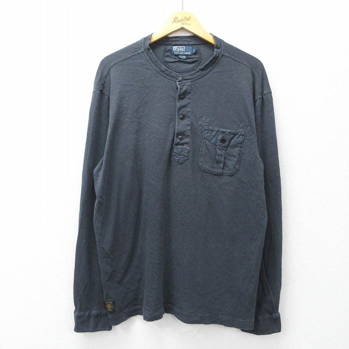 XL★古着 ラルフローレン 長袖 ブランド Tシャツ メンズ 90年代 90s 胸ポケット付き 大きいサイズ コットン ヘンリーネック 黒【spe】 26mar13
