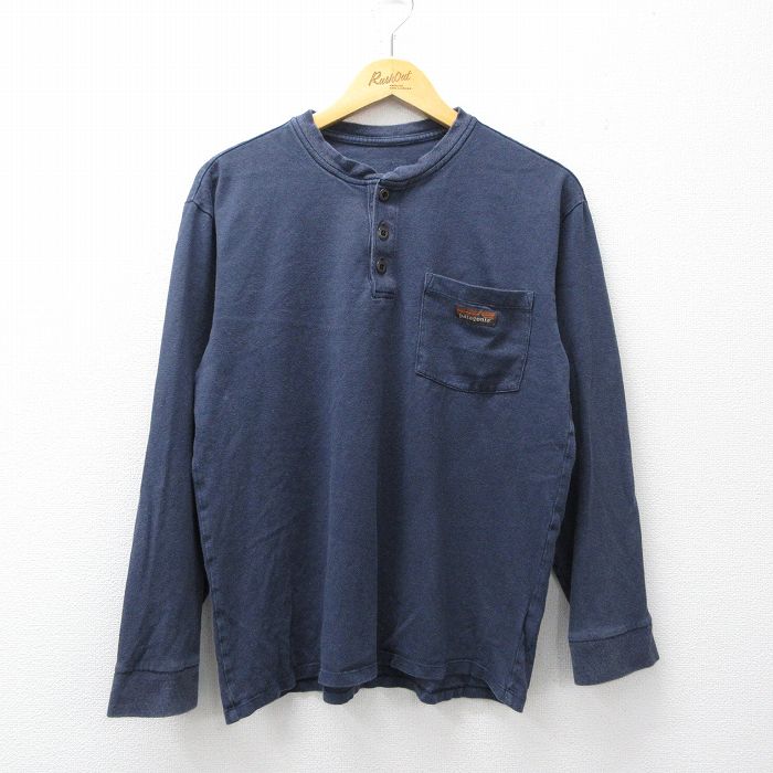 L★古着 パタゴニア patagonia 長袖 Tシャツ メンズ ワンポイントロゴ 胸ポケット付き ヘンリーネック 紺 26mar13