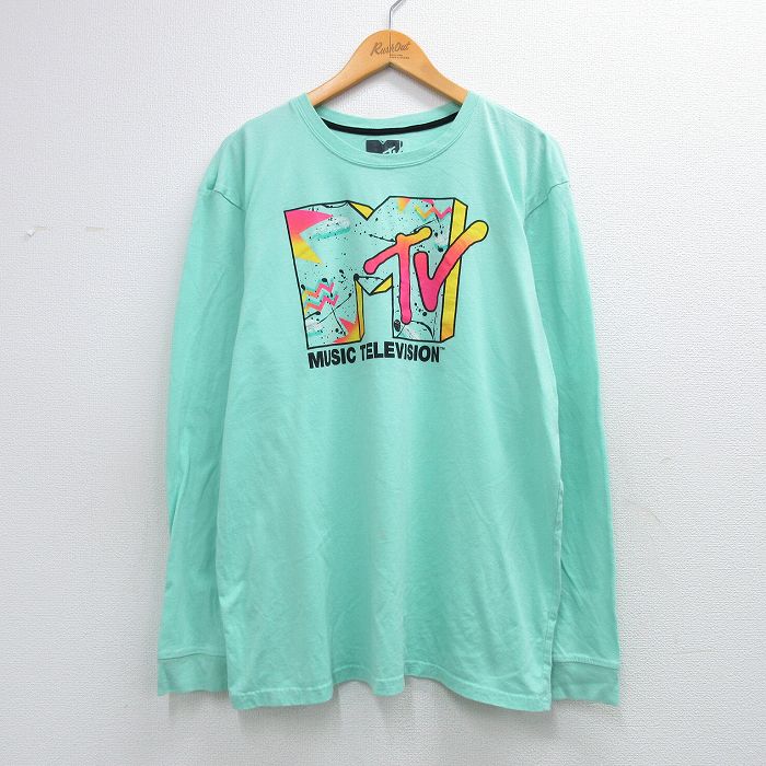 XL★古着 長袖 Tシャツ メンズ MTV 大きいサイズ クルーネック 青緑 26mar13
