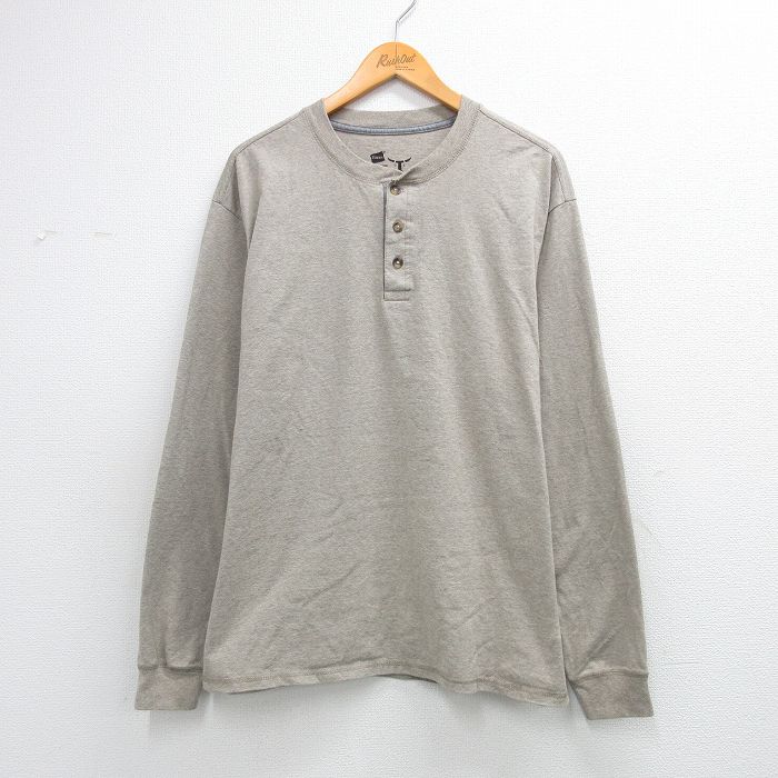 L★古着 ヘインズ 長袖 Tシャツ メンズ 無地 ヘンリーネック ベージュ 霜降り 26mar13