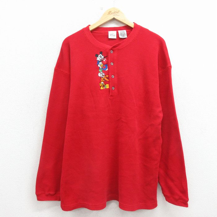 00s ヘンリーネック長袖Tシャツ ディズニー レッド L | 古着
