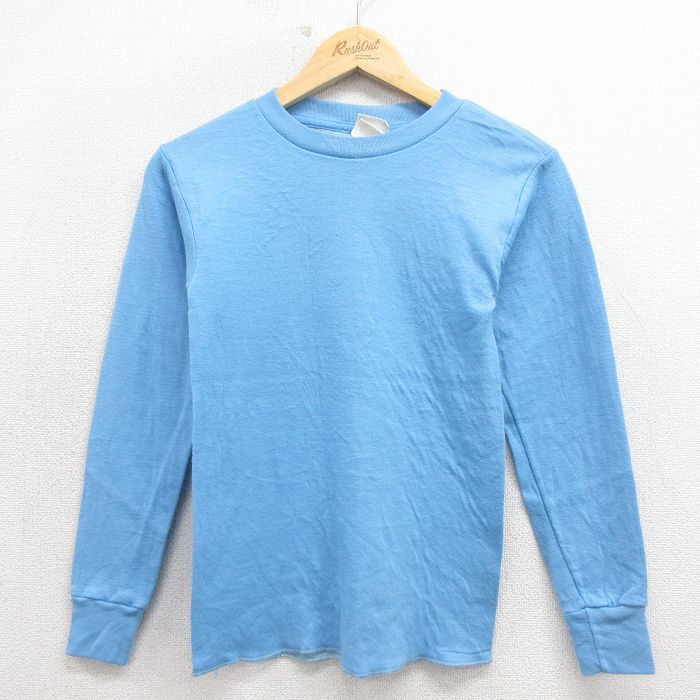M★古着 長袖 ビンテージ Tシャツ メンズ 80年代 80s 無地 クルーネック USA製 水色 26mar21