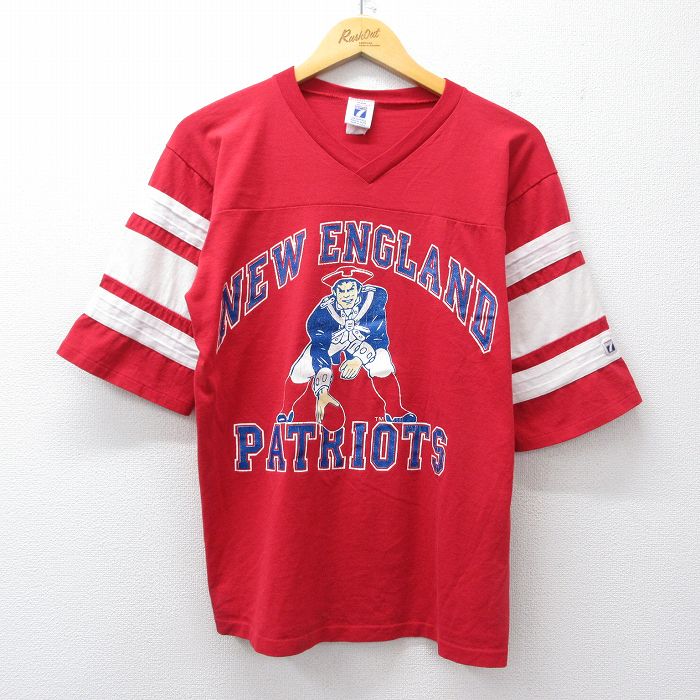 L★古着 半袖 ビンテージ フットボール Tシャツ メンズ 90年代 90s NFL ニューイングランドペイトリオッツ Vネック USA製 赤 アメフト スーパーボウル 26mar28