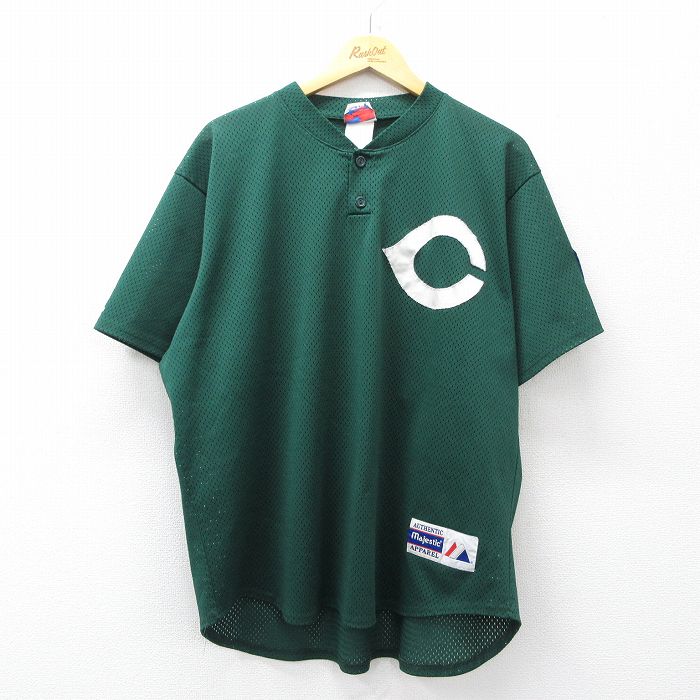 XL★古着 マジェスティック 半袖 ビンテージ Tシャツ メンズ 90年代 90s MLB シンシナティレッズ メッシュ地 大きいサイズ ヘンリーネック USA製 緑 メジャーリーグ ベースボール 野球 26mar28