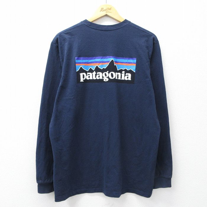 XL★古着 パタゴニア patagonia 長袖 Tシャツ メンズ ビッグロゴ クルーネック 紺 26apr01
