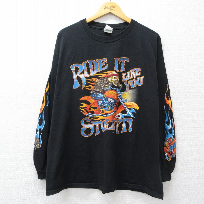 XL★古着 長袖 ビンテージ Tシャツ メンズ 00年代 00s スケルトン バイク 大きいサイズ コットン クルーネック 黒【spe】 26apr01