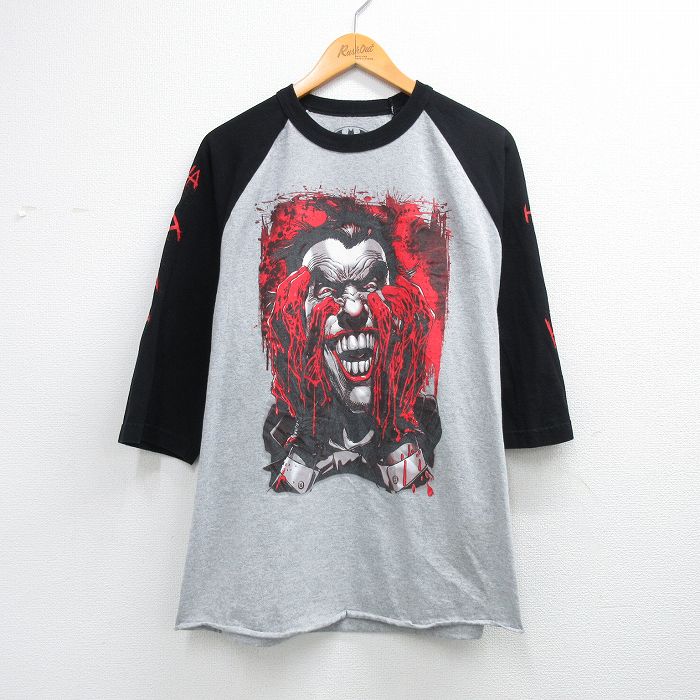 XL★古着 7分袖 Tシャツ メンズ DCコミックス ジョーカー ラグラン コットン クルーネック グレー 霜降り他 26apr02