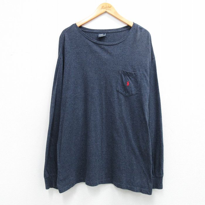 XL★古着 ラルフローレン 長袖 ブランド Tシャツ メンズ ワンポイントロゴ 胸ポケット付き 大きいサイズ コットン クルーネック 濃紺 霜降り 26apr02