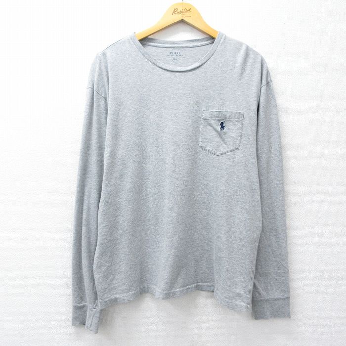 XL★古着 ラルフローレン 長袖 ブランド Tシャツ メンズ ワンポイントロゴ 胸ポケット付き コットン クルーネック グレー 霜降り 26apr02