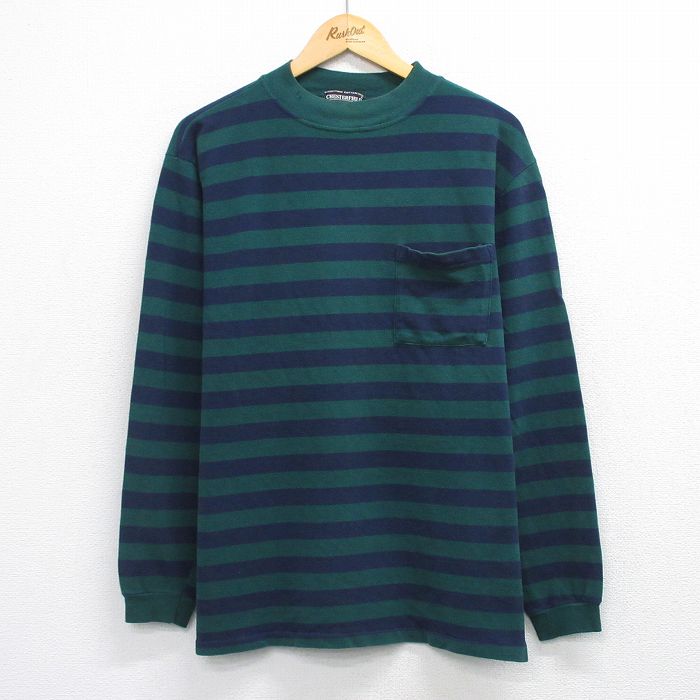 90s 長袖Tシャツ モックネック グリーンボーダー XL | 古着