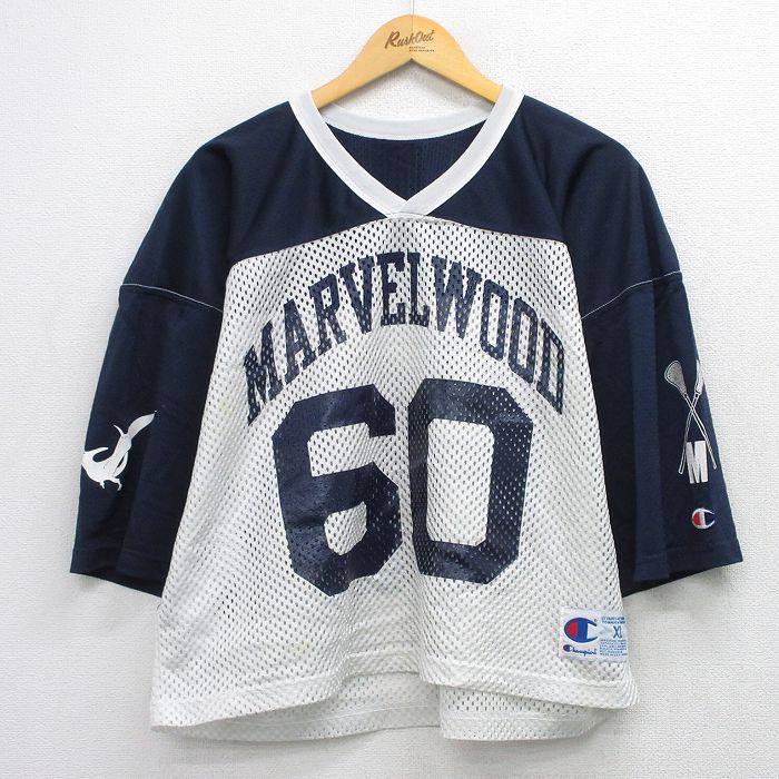 チャンピオン 90s 7分袖フットボールTシャツ MARVEL ネイビー XL | 古着