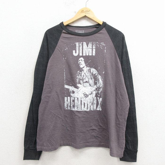 L★古着 リップルジャンクション 長袖 ロック バンド Tシャツ メンズ ジミヘンドリックス 大きいサイズ ラグラン クルーネック グレー 霜降り他 26apr06