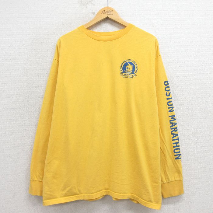 XL★古着 アディダス adidas 長袖 ビンテージ Tシャツ メンズ 00年代 00s ボストンマラソン 大きいサイズ コットン USA製 黄 26apr06