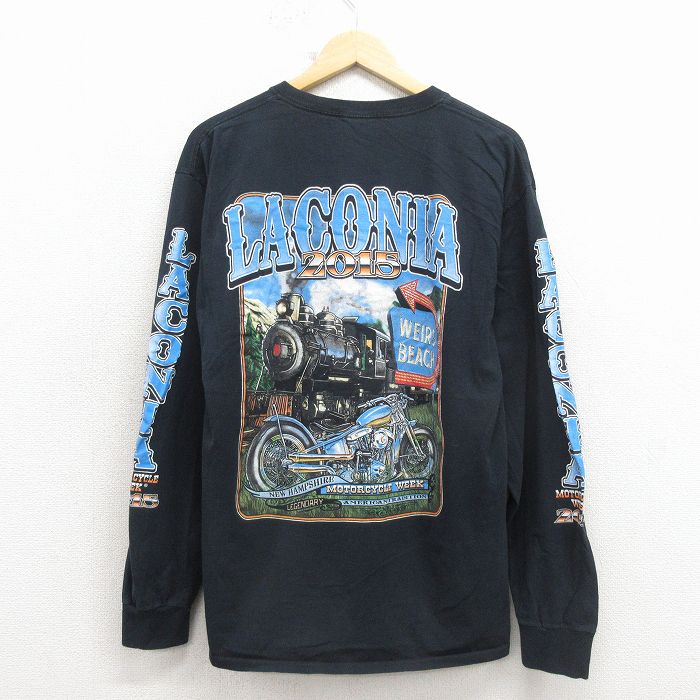 L★古着 長袖 Tシャツ メンズ 汽車 バイク クルーネック 黒 26apr06