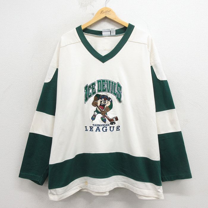 90s 長袖フットボールTシャツ ルーニーテューンズタズ刺繍 ホワイト メンズXL相当 | 古着