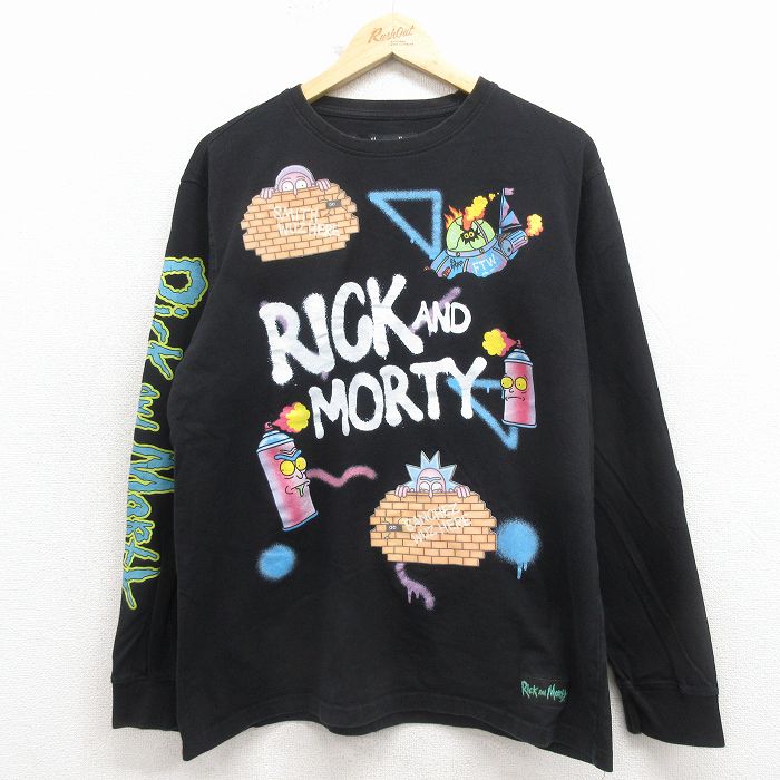 XL★古着 長袖 Tシャツ メンズ アニメ リックアンドモーティ コットン クルーネック 黒 26apr06